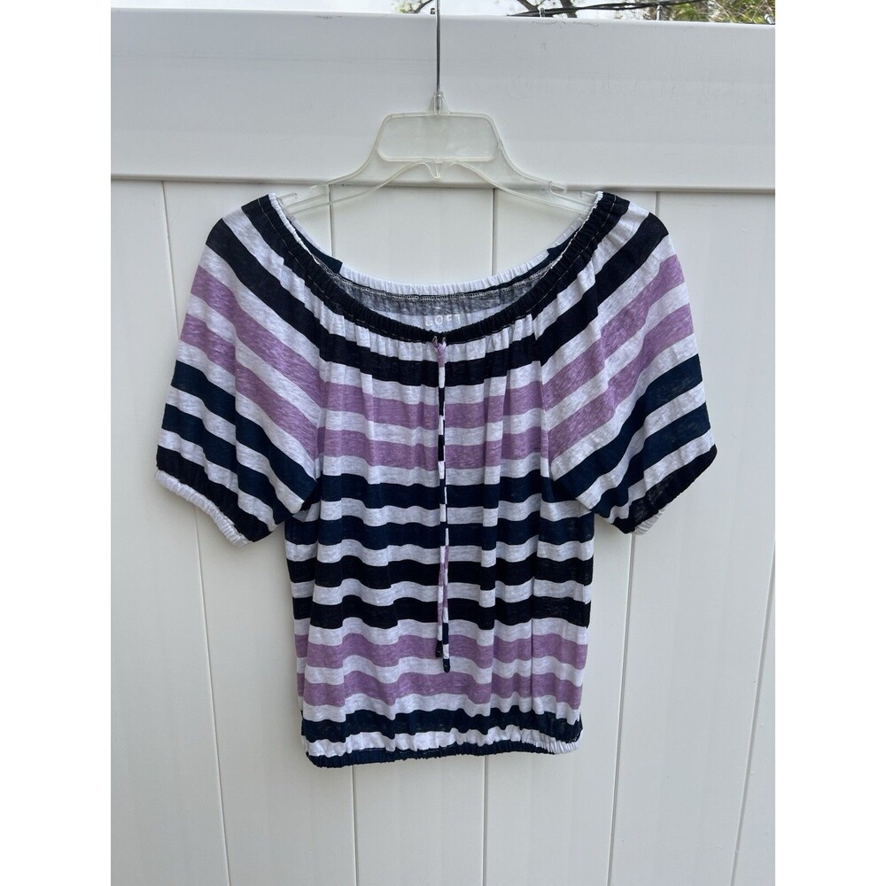Loft Womens Top Size XXS Linen Blend Off The Shoulder Multicolor Striped
